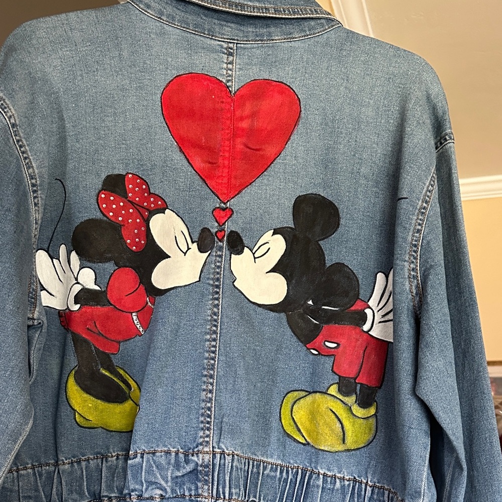 Charming Denim Jacket with Cartoon Couple and Heart Design. Handpainted denim.